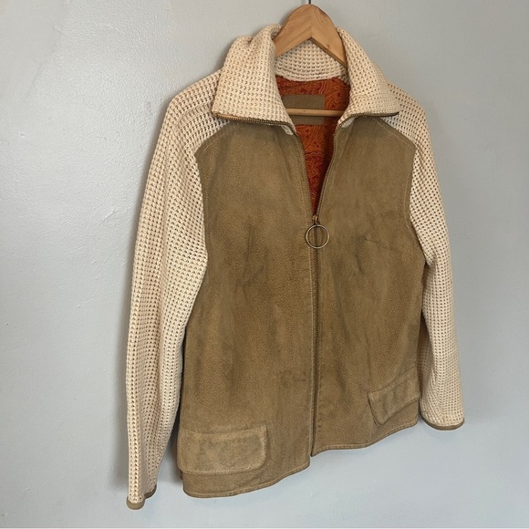 Women’s Vintage Suede Leather Base Knitted crocheted Sleeves Brown Medium Large - Picture 1 of 9